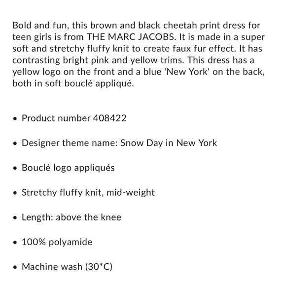 The Marc Jacobs Kids NWT toddler girl size 5 faux fur cheetah print dress. - Picture 9 of 9